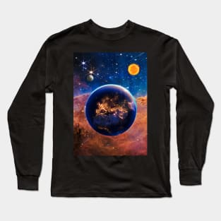 The earth planet in the space with wonderful colors of galaxy nasa webb telescope with the sun, the moon and shiny stars in the sky Long Sleeve T-Shirt